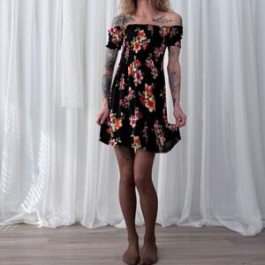 Ambiance Black Floral Off Shoulder Mini Dress Medium